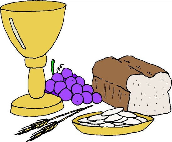 Chalice, the Host, bread, grapes and wheat